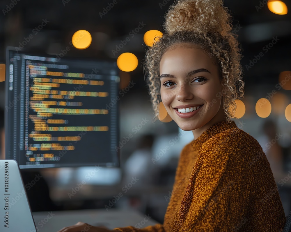 Wall mural beautiful female it specialist using a laptop, smiling while thinking, solving coding challenges in 