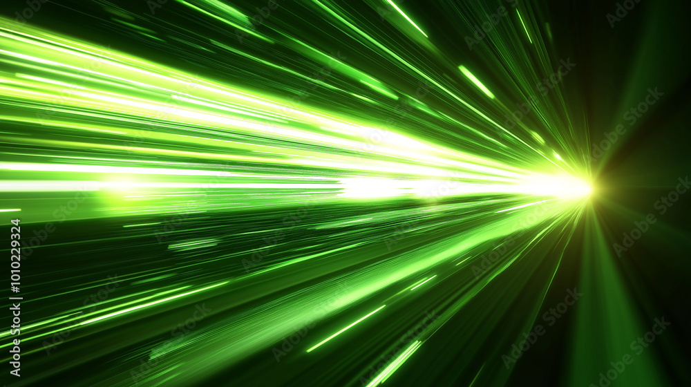 Poster bright green light trail speeding through the darkness creating motion blur effect