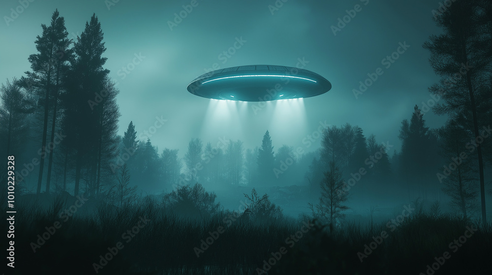 Poster Large alien spaceship is hovering over a forest at night, illuminating the trees with its bright lights