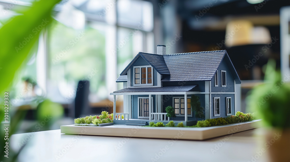 Aufkleber Small scale model house sitting on desk in modern office setting with bright windows