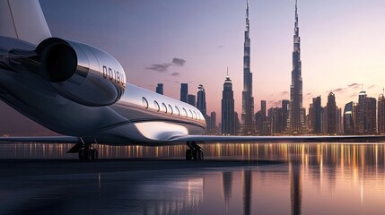 Fototapeta premium Private Jet Parked on Runway with Dubai Skyline in the Background