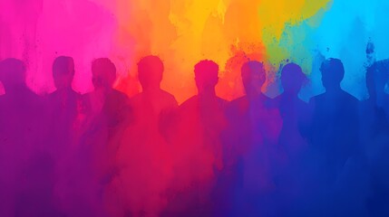 Colorful silhouettes against a vibrant abstract backdrop, conveying exuberance and celebration. The background is solid with vivid colors flowing. Multigenerational Celebrations Concept