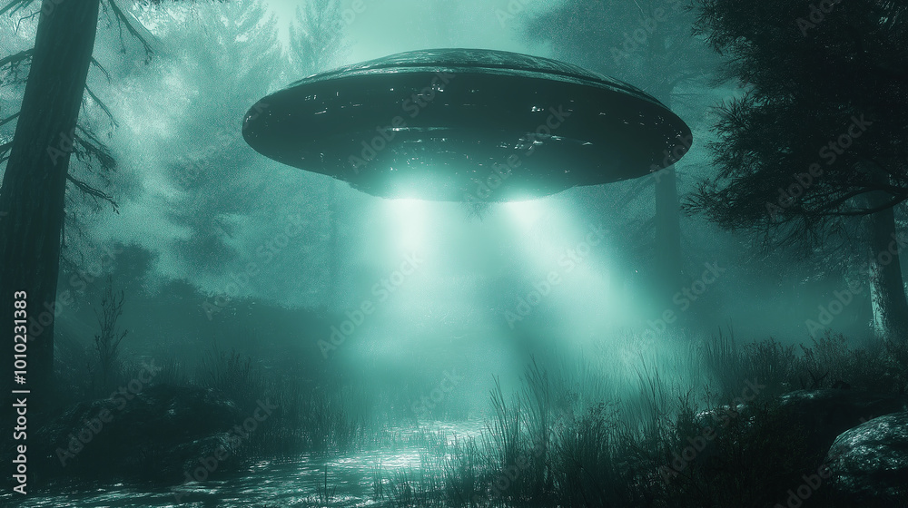 Poster Large alien ufo spaceship hovering over a swamp in a foggy forest at night