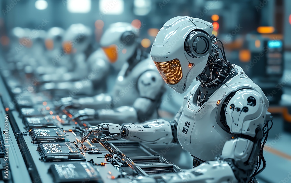 Aufkleber fully automated electronics factory with robotic arms working efficiently