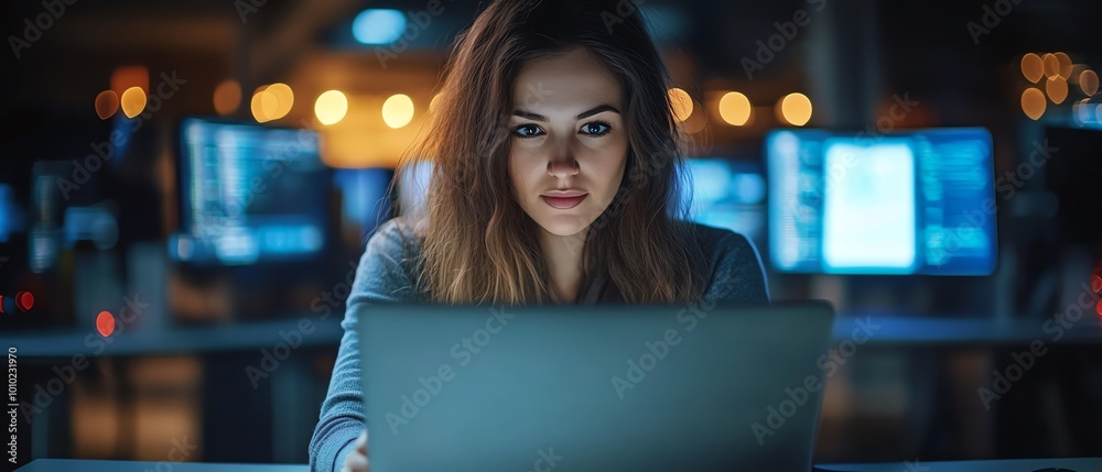 Poster happy female software developer using a laptop in a modern tech office, looking around, thinking and