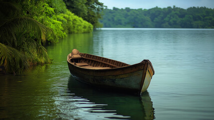 Obraz premium Old rowboat is floating peacefully on a calm lake in a tropical forest