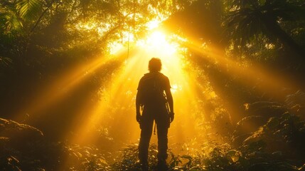 Obraz premium A person silhouetted against golden sunlight in a lush forest.