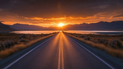 Fototapeta premium The empty road leading to the lake by sunset