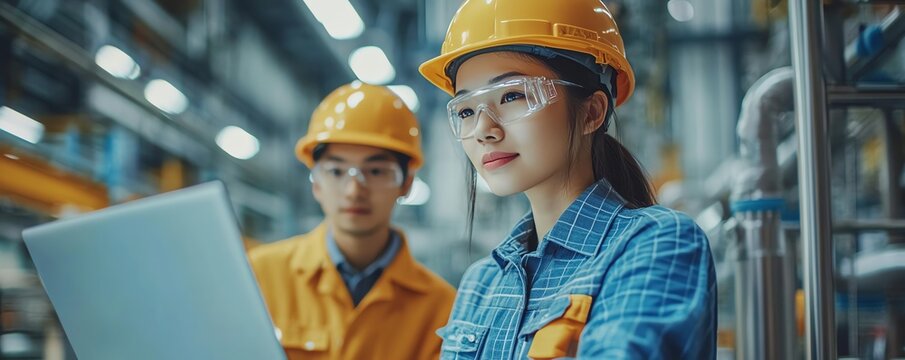 Industrial factory hall scene with female engineer explaining scope of work to young Asian technician using a laptop, both wearing hard hats for safety