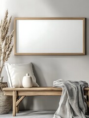 Mockup of a large wooden frame on a light grey wall with a wooden bench, dried plants, and a vase. Interior design element for home decor and art.