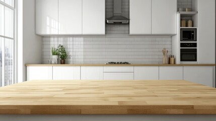 Wooden light empty table top in modern white kitchen, kitchen panel in interior