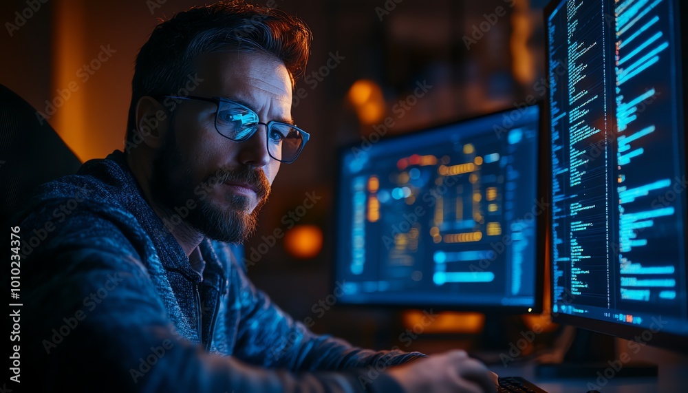 Aufkleber System administrator and machine learning engineer programming, planning network expansion at his office workstation, enterprise network structure development