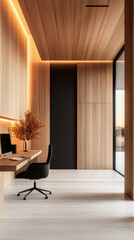 Fototapeta premium Minimalist home office with wooden walls and a large window.