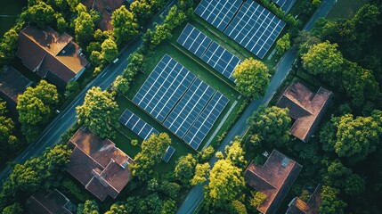 Aerial View of Residential Solar Panels Amidst Lush Green Trees