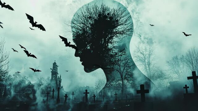 A silhouette of a person with branches for hair stands over a foggy graveyard with bats flying overhead