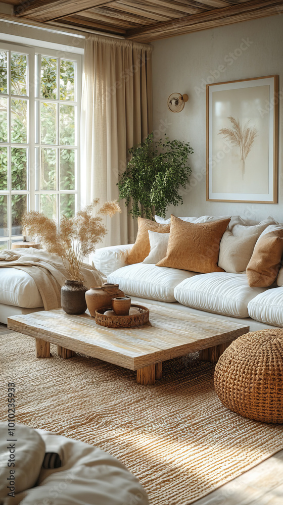 Wall mural A cozy living room with a large, white sofa and a wooden coffee table.