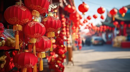Naklejka premium A vibrant street scene with red lanterns and decorations for Chinese New Year