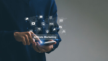 Affiliate marketing, online business model concept. Hand touch screen on a smartphone with affiliate marketing icons and SEO function to make money online for social media marketing.business strategy.