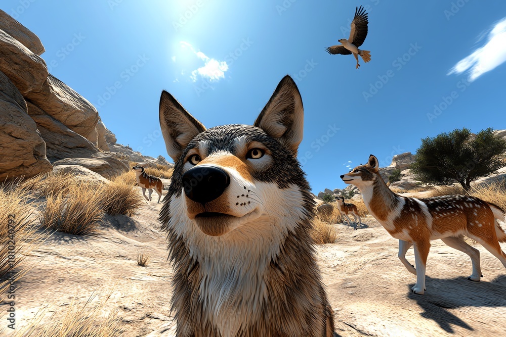 Poster interactive 3d digital scene of a mountain landscape, where users can explore and observe wolves, de