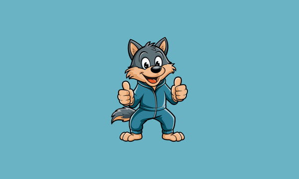 Cartoon wolf in a blue tracksuit giving two thumbs up.