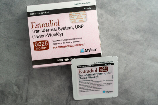 Chicago, IL, USA - October 9 2024: Estradiol transdermal patch system for delivering estrogen as hormone replacement therapy for women.