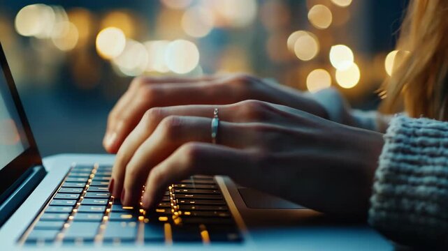 A person types on a laptop keyboard in the evening, with blurred lights in the background
