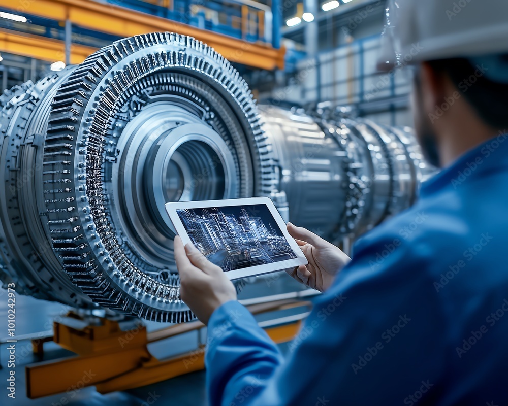 Poster Industry 40 Electronics Facility Engineers Using Tablet to View 3D Model of Clean Green Energy Engine, Modern Factory
