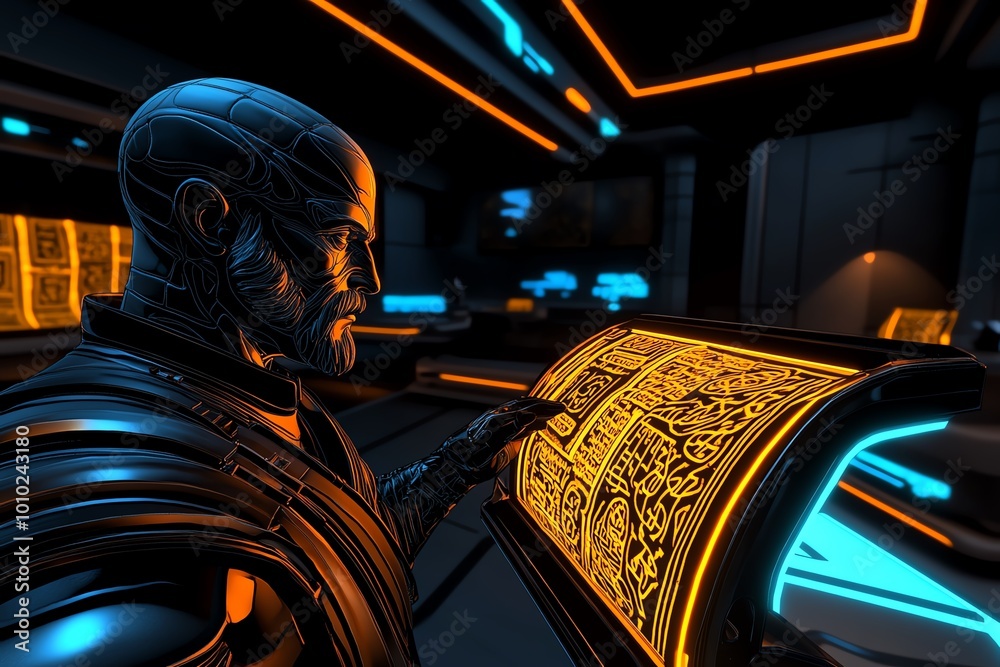 Poster Interactive 3D digital scene of a stoic thinker in a futuristic classroom, where users can explore holographic scrolls and teachings in a fully immersive, animated environment