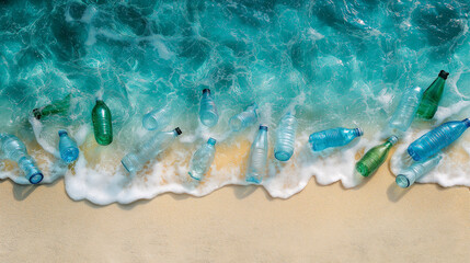 Obraz premium Plastic bottles washed ashore, a stark reminder of pollution's impact on our oceans and beaches, threatening marine life and the environment.