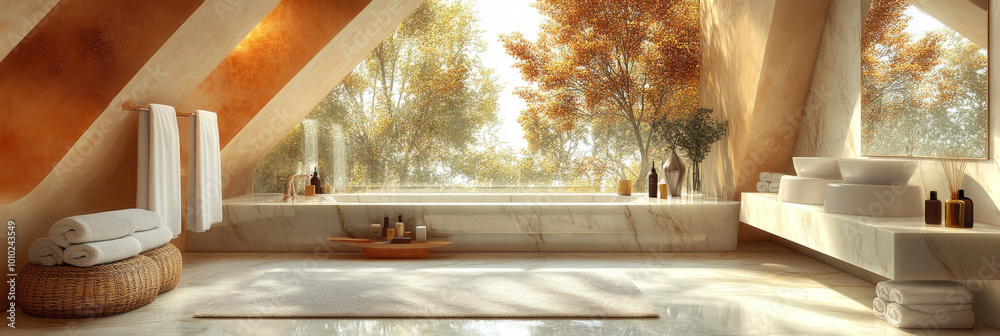 Sticker Luxurious bathroom with marble bathtub and autumnal views.