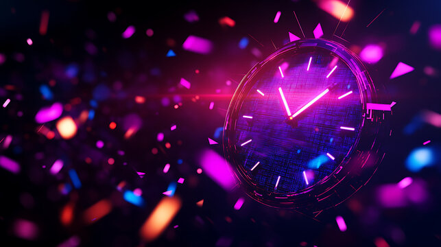 Colorful explosion of lights around a modern clock on a dark background.