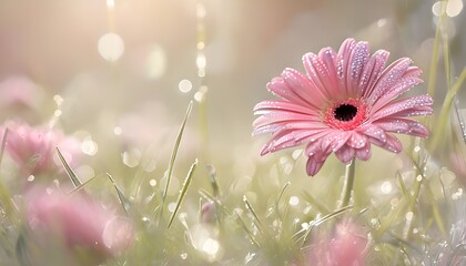 A romantic and elegant artistic image with a soft focus of a flower pink daisy in a summer morning with dew on the grass close-up.