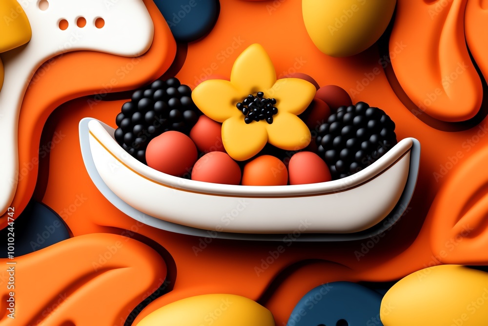 Poster minimalist icon of a boat filled with tropical fruits, using soft colors and simple shapes to repres