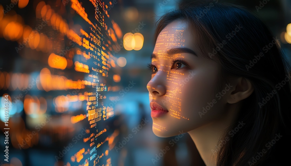 Poster portrait of asian female startup digital entrepreneur working on computer line of code projected on 