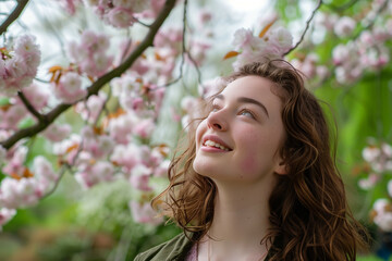 Young woman enjoying the serene beauty of cherry blossoms in spring, smiling radiantly as she looks upwards, surrounded by lush pink flowers