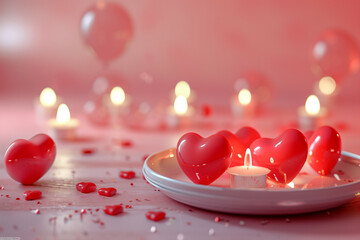 A Soft Pink Romantic Scene with Red Heart-Shaped Candles and Confetti on a Wooden Surface