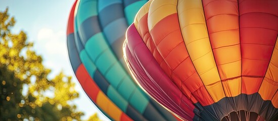 Obraz premium Colorful Hot Air Balloons Against a Blue Sky with a Blurred Green Tree in the Foreground
