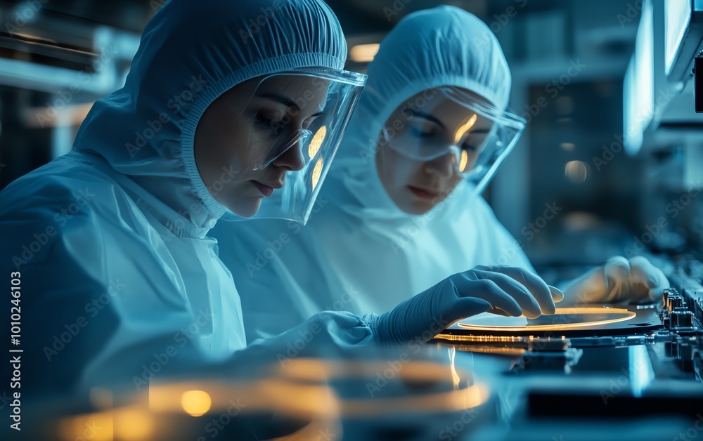 Aufkleber Silicon Wafer Handling at Electronics Factory Two Technicians in Sterile Suits, Semiconductor Production Process