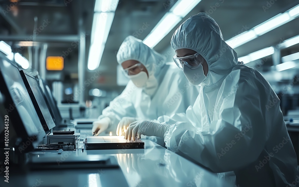 Aufkleber silicon wafer handling at electronics factory two technicians in sterile suits, semiconductor produc