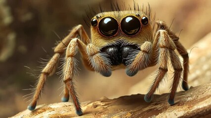 A jumping spider with large, bright eyes sits on a branch, ready to leap