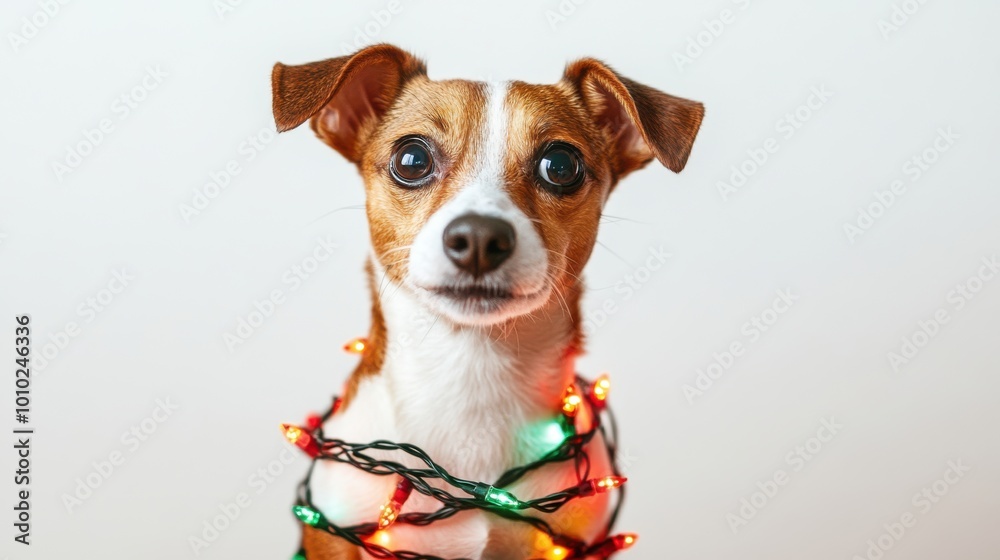 Wall mural Small dog wrapped in Christmas lights