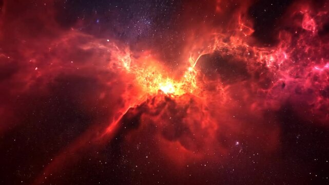 A fiery red nebula fills the space, glowing brightly against the dark backdrop of the cosmos