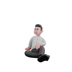Fototapeta premium Business Character 3D. A male businessman sits on the floor with his right hand supporting his body while his left hand is on his left thigh with a happy expression. Illustrated Male Strategy Expert