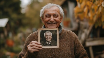 Obraz premium Happy elderly man holding an old photo of himself, smiling at the camera.