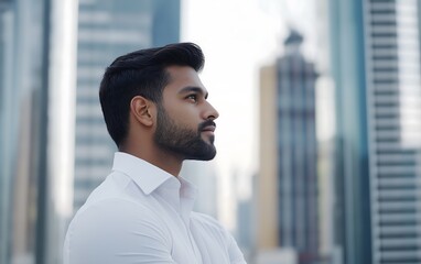 Fototapeta premium A man in a white shirt gazes thoughtfully at a skyline, surrounded by modern skyscrapers, conveying a sense of ambition and reflection.