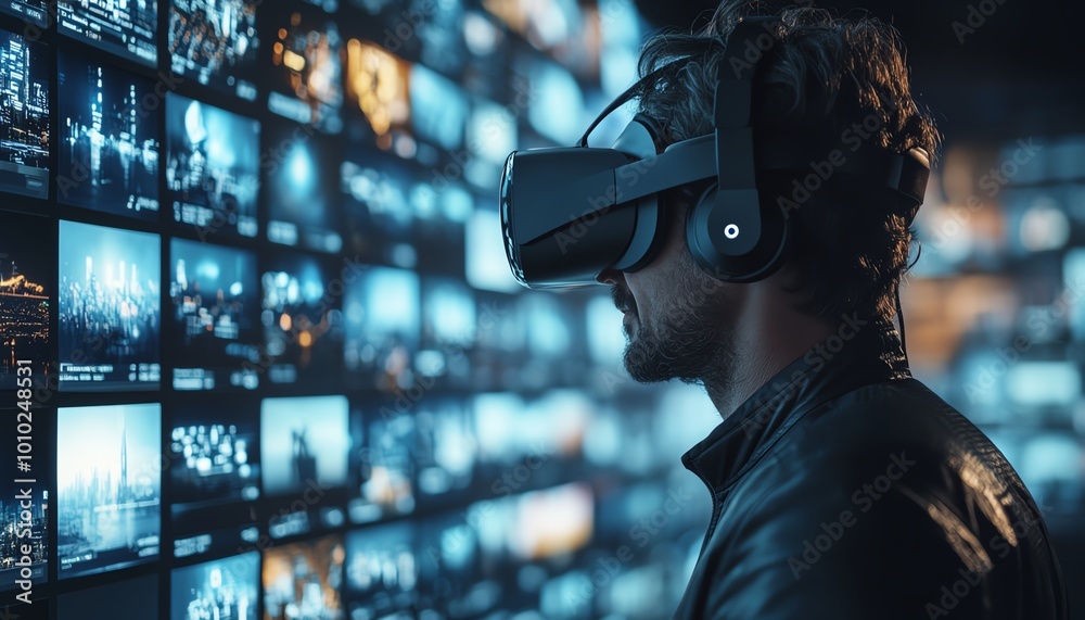 Poster Virtual Reality Interface Concept Businessman in 3D Cyberspace World Browsing Content Websites, Watching Streaming Services, Using Social Media, Engaging in eCommerce eBusiness