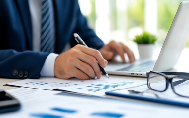 A person in a suit writes notes while working on a laptop, surrounded by business documents and glasses, in a professional office setting.