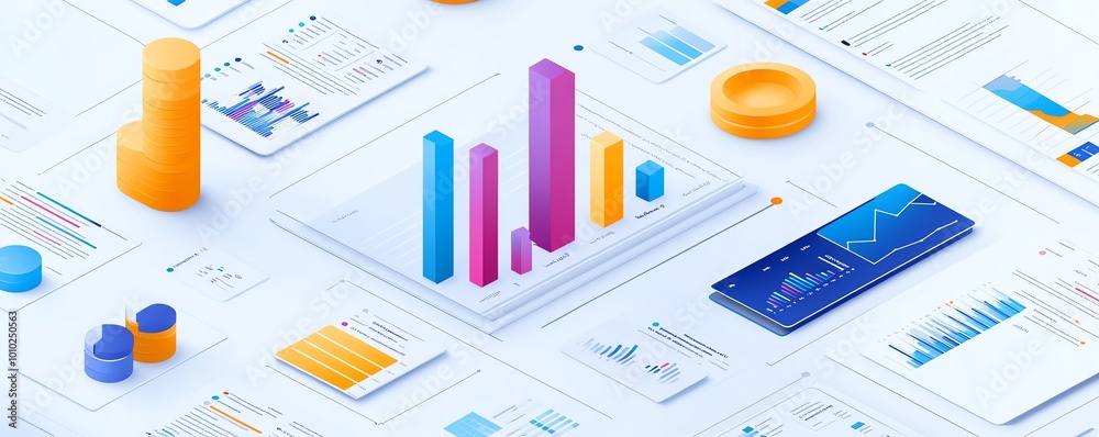 Poster Business report data presentation in isometric perspective, white background, detailed charts and graphs, professional design