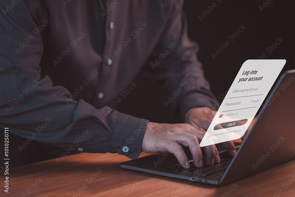 Poster Person use a laptop computer type the username and password. User privacy security and protect personal data internet network. Cybersecurity and digital data protection technology concept.