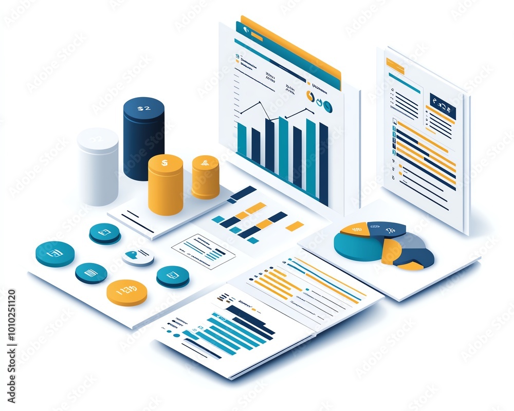 Poster Isometric illustration of a business report, clean and professional on a white background, includes data charts and graphs